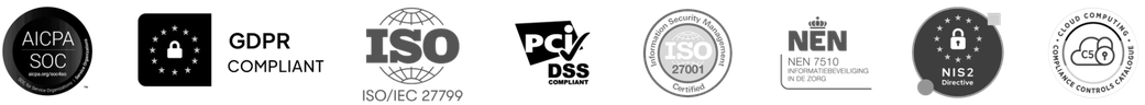 Security compliance certifications including SOC, GDPR, ISO 27799, PCI DSS, ISO 27001, NEN 7510, NIS2, and C5